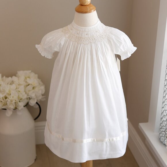 RARE Strasburg Dress White & Ivory Smocked Bishop Special Occasion Flower Girl